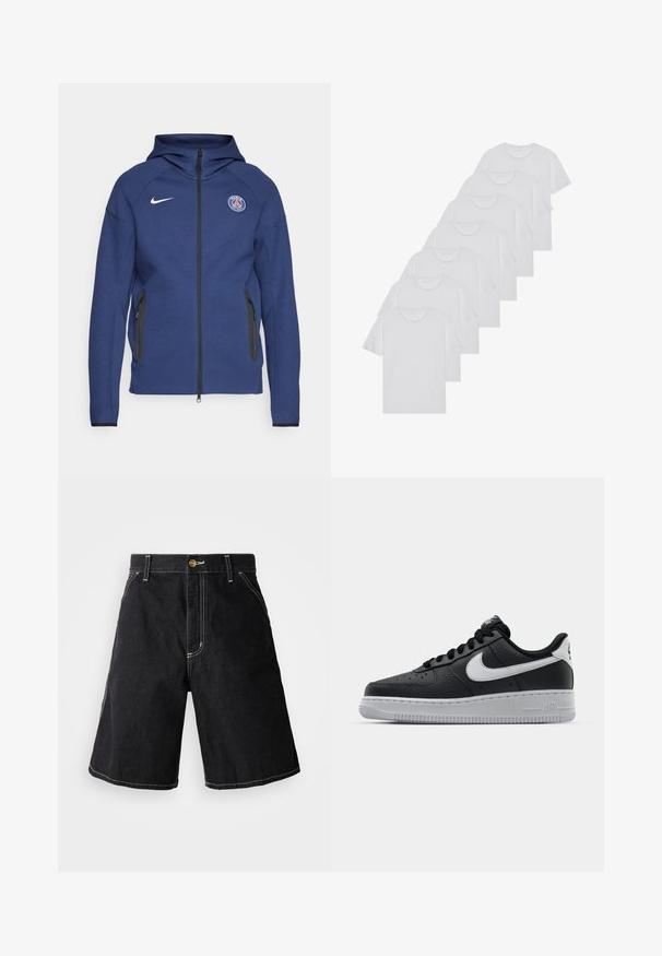 Felpa con cappuccio blu navy in morbido tessuto, dotata di zip a tutta lunghezza, tasche laterali e un'etichetta con logo. Ha un design strutturato con cappuccio.; T-shirt bianchi in cotone, maniche corte, design a collo tondo, texture liscia, impilati in fila, con un sottile marchio all'altezza del collo.; Shorts in denim nero con vestibilità ampia, cinque tasche e cuciture bianche a contrasto. Chiusura a bottoni in vita.; Sneaker in pelle nera con superficie texture, baffo Nike bianco, suola grigia, punta rotonda e design con lacci. Presenta delle perforazioni sulla punta.