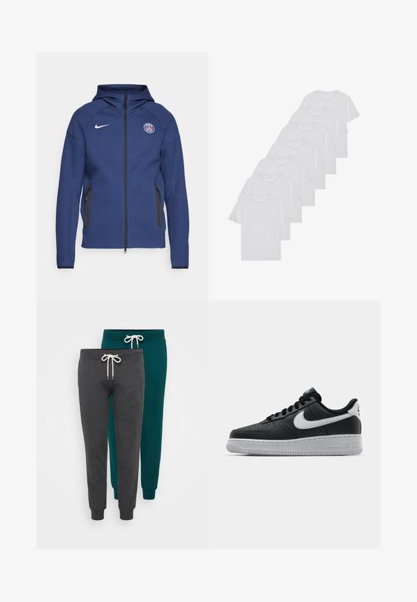 Marineblå hættetrøje lavet af blødt stof, der har fuld lynlås, sidelommer og et logo-patch. Den har et struktureret design med hætte.; Hvide bomulds T-shirts, korte ærmer, rund halsdesign, ensartet tekstur, stablet i en række, med diskret branding ved halsåbningen.; To sæt joggebukser i mørkegrå og teal, lavet af blødt stof, med elastiske manchetter og snoreliv med hvide snore.; Sort lædersneaker med tekstureret overflade, hvid Nike swoosh, grå sål, rund tå og snørebåndsdesign. Har perforeringer på tåboksen.