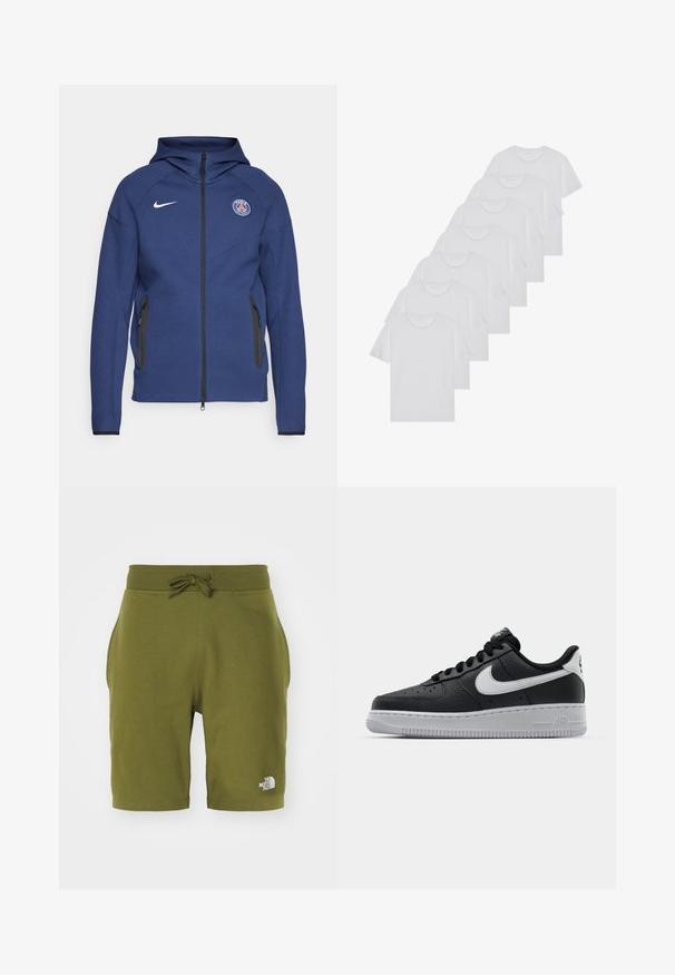 Granatowa bluza z kapturem uszyta z miękkiego materiału, z pełnym zamkiem błyskawicznym, bocznymi kieszeniami oraz naszywką z logo. Posiada strukturalny fason i kaptur.; Białe bawełniane koszulki, krótki rękaw, design z okrągłym dekoltem, gładka faktura, ułożone w rzędzie, z subtelnym logo przy dekolcie.; Oliwkowe bawełniane szorty z bocznymi kieszeniami, elastycznym pasem, regulowanym sznurkiem i białym logo na lewej nogawce.; Czarne skórzane trampki o teksturowanej powierzchni, białe logo Nike, szara podeszwa, okrągły czubek i sznurowany design. Posiada perforacje na nosku.