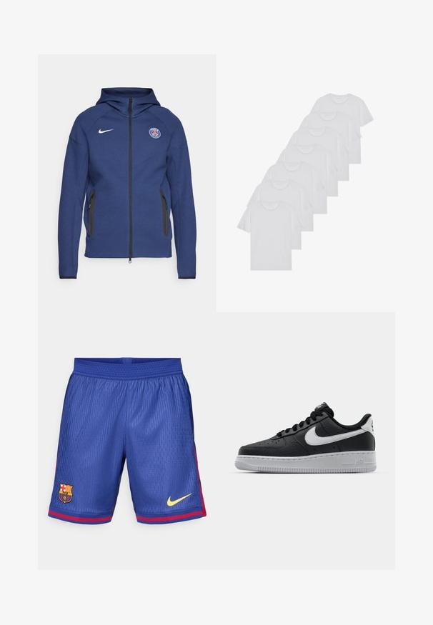 Merineel kapuutsiga pehme kangast dressipluus, millel on täielik tõmblukk, küljetaskud ja logopatch. Sellel on struktureeritud disain koos kapuutsiga.; Valge puuvillane T-särk, lühikeste varrukatega, ümar neel, ühtlane tekstuur, reastatud kuhjale, kaeluses peene brändinguga.; Sinised jalgpallishortsid, millel on võrkmaterjal, punase triibuga külgaktsent, Barcelona logo ja kollane Nike swoosh.; Must musta sneaker tekstureeritud pinnaga, valge Nike logo, hall tald, ümar varv ja paeltega disain. Omab perforatsioone varbakasti peal.