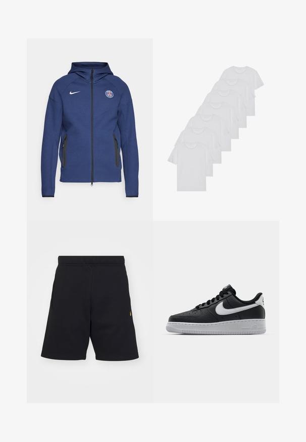 Hoodie bleu marine en tissu doux doté d'une fermeture éclair complète, de poches latérales et d'un patch logo. Il présente un design structuré avec une capuche.; T-shirts en coton blanc, à manches courtes, design col rond, texture uniforme, empilés en rangée, avec un logo subtil au niveau de l'encolure.; Shorts noirs en tissu doux, dotés d'une taille élastique, de poches latérales et d'un petit logo doré accentué sur le bas à gauche.; Baskets en cuir noir avec surface texturée, swoosh Nike blanc, semelle grise, bout rond et design à lacets. Comprend des perforations sur la boîte à orteils.