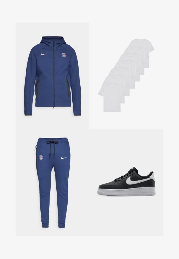 Jūras zila kapuce, kas izgatavota no mīkstas auduma, ar pilnu rāvējslēdzēju, sānu kabatām un logotipa uzšuvi. Tam ir strukturēts dizains ar kapuci.; Baltie kokvilnas T-krekli, īsas piedurknes, apaļas izgriezuma dizains, vienkārša tekstūra, sakrauti rindā, ar smalku zīmolu pie kakla izgriezuma.; Zilas sporta bikses ar auklu vidukli, sānu rāvējslēdzēja kabatām, melniem akcentiem un logo: PSG emblēma un Nike svītra.; Melna ādas sporta apavi ar teksturētu virsmu, balta Nike swoosh zīme, pelēks zole, apaļa pirksta daļa un saistējs dizains. Iekļautas perforācijas uz pirksta kastes.