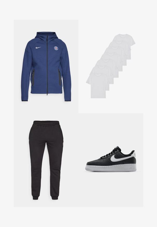 Námořnický modrý mikina s kapucí z měkké tkaniny, která má plný zip, boční kapsy a logo nášivku. Má strukturovaný design s kapucí.; Biele bavlnené trička, krátke rukávy, dizajn s okrúhlym výstrihom, hladká textúra, naskladané v rade, so subtilným brandingom na výstrihu.; Čierne tepláky vyrobené z mäkkého bavlneného materiálu, s elastickým pásom, zúženými nohavicami a malým logom na ľavej strane.; Čierne kožené tenisky s textúrovaným povrchom, biely Nike swoosh, šedá podrážka, okrúle špičky a šnurovací dizajn. Obsahuje perforácie na špičke.