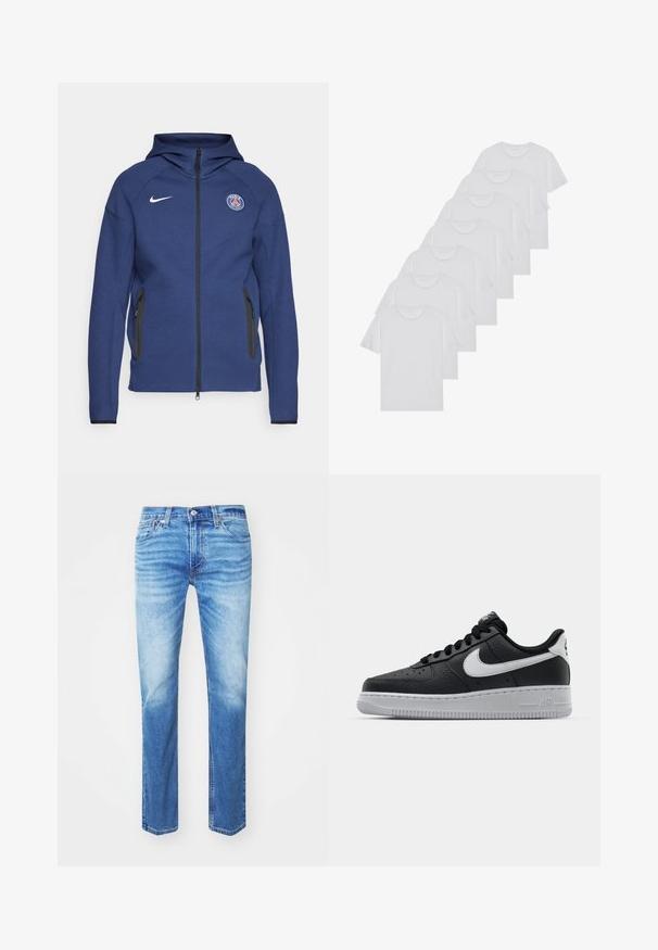 Mornarsko modra kapuca iz mehkega materiala z dolgim zadrgo, stranskimi žepi in logotipom. Ima strukturirano zasnovo s kapuco.; Beli bombažni T-majici, kratki rokavi, krožni izrez, enostavna tekstura, zloženi v vrsto, s subtilnim logotipom na vratu.; Levi's® Ravne kavbojke - always adapt; Črne usnjene teniske z teksturirano površino, bele Nikejeve zmage, sivo podplato, okroglo konico in vezalno zasnovo. Imajo perforacije na prednjem delu.