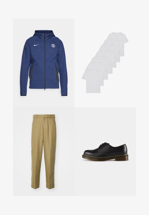 Mørkeblå hettegenser laget av mykt stoff med full glidelås, sidelommer og et logo-patch. Den har et strukturert design med hette.; Hvite bomulls T-skjorter, korte ermer, rund hals-design, enkel tekstur, stablet i en rekke, med subtil merking ved halsen.; Beige bukser laget av teksturert stoff, med rett ben-design, beltehodet og frontfolder.; Sorte skinnsko med rund tå, snøringsdesign, gul søm langs sålen og en kraftig, teksturert gummisåle.