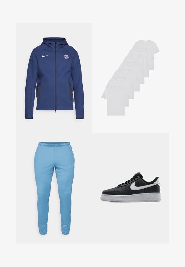 Sudadera con capucha de color azul marino hecha de tela suave, con cierre completo, bolsillos laterales y un parche con logo. Tiene un diseño estructurado con capucha.; Camisetas de algodón blancas, de manga corta, con diseño de cuello redondo, textura lisa, apiladas en una fila, con un sutil logo en el cuello.; Pantalones de chándal Nike de color azul claro con cintura elástica, ajuste slim y acento del logo cerca de la cadera izquierda. Tela suave sin patrones visibles.; Zapatilla negra de cuero con superficie texturizada, logo de Nike en blanco, suela gris, puntera redonda y diseño de encaje. Presenta perforaciones en la puntera.