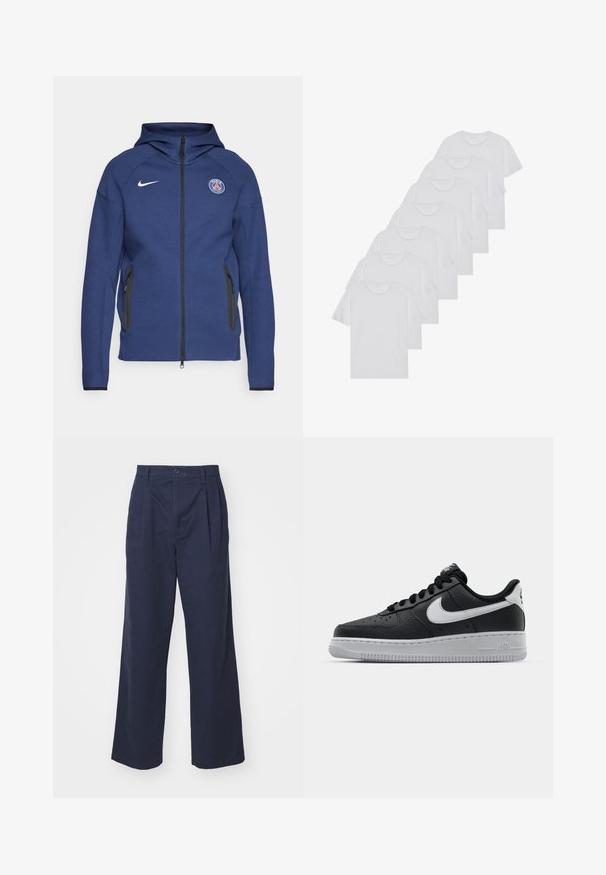 Merineel kapuutsiga pehme kangast dressipluus, millel on täielik tõmblukk, küljetaskud ja logopatch. Sellel on struktureeritud disain koos kapuutsiga.; Valge puuvillane T-särk, lühikeste varrukatega, ümar neel, ühtlane tekstuur, reastatud kuhjale, kaeluses peene brändinguga.; DOCKERS ORIGINAL LOOSE PLEATED - Püksid - navy blazer; Must musta sneaker tekstureeritud pinnaga, valge Nike logo, hall tald, ümar varv ja paeltega disain. Omab perforatsioone varbakasti peal.