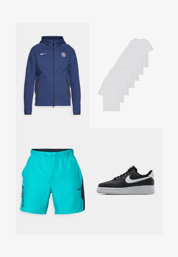 Sudadera con capucha de color azul marino hecha de tela suave, con cierre completo, bolsillos laterales y un parche con logo. Tiene un diseño estructurado con capucha.; Camisetas de algodón blancas, de manga corta, con diseño de cuello redondo, textura lisa, apiladas en una fila, con un sutil logo en el cuello.; Pantalones cortos deportivos en color turquesa, hechos de una tela suave con un panel lateral negro, que presentan un logotipo y texto en la pierna izquierda. Cintura elástica para mayor comodidad.; Zapatilla negra de cuero con superficie texturizada, logo de Nike en blanco, suela gris, puntera redonda y diseño de encaje. Presenta perforaciones en la puntera.