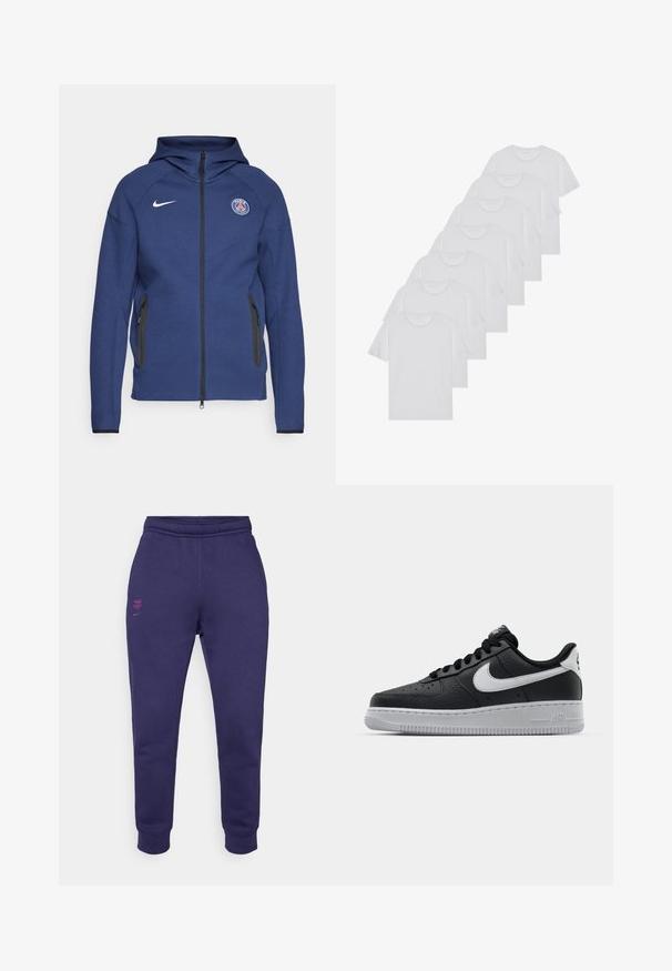 Mørkeblå hettegenser laget av mykt stoff med full glidelås, sidelommer og et logo-patch. Den har et strukturert design med hette.; Hvite bomulls T-skjorter, korte ermer, rund hals-design, enkel tekstur, stablet i en rekke, med subtil merking ved halsen.; Lilla bomullssweatpants med elastisk midje, smalnende ben og rosa broderte logo detaljer på front venstre og bakside.; Svart lær sneakers med teksturert overflate, hvit Nike swoosh, grå såle, rund tå og snøredesign. Har perforeringer på tåboksen.