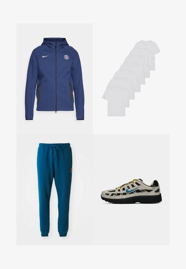 Mørkeblå hettegenser laget av mykt stoff med full glidelås, sidelommer og et logo-patch. Den har et strukturert design med hette.; Hvite bomulls T-skjorter, korte ermer, rund hals-design, enkel tekstur, stablet i en rekke, med subtil merking ved halsen.; Teal joggebukser laget av myk stoff, med elastisk midjebånd med snøring, og elastiske mansjetter ved anklene. Liten logo-detalj.; Beige og svart Nike P-6000 sneakers med blå swoosh, gule lisser, svart såle og Cordura-stoffetikett på hælen.
