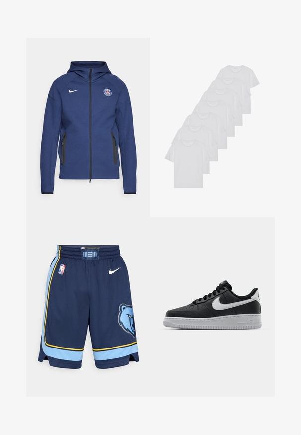 Sweatshirt azul marinho feito de tecido suave, apresentando um fecho completo, bolsos laterais e um patch com logotipo. Tem um design estruturado com capuz.; T-shirts brancos de algodão, mangas curtas, design de gola redonda, com textura lisa, empilhados em fila, com uma marcação subtil na gola.; Calções de basquete da NBA em azul-marinho e azul claro. Apresenta um logotipo de urso, riscas laterais e a marca Nike. Feitos de tecido em malha respirável.; Sapatilha de pele preta com superfície texturizada, swoosh branco da Nike, sola cinza, bico redondo e design com atacadores. Apresenta perfurações na caixa dos dedos.
