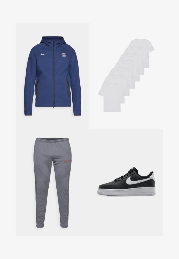 Mornarsko modra kapuca iz mehkega materiala z dolgim zadrgo, stranskimi žepi in logotipom. Ima strukturirano zasnovo s kapuco.; Beli bombažni T-majici, kratki rokavi, krožni izrez, enostavna tekstura, zloženi v vrsto, s subtilnim logotipom na vratu.; Nike Performance DRI-FIT ACADEMY PANT - Spodnji deli trenirk - iron grey/dragon red; Črne usnjene teniske z teksturirano površino, bele Nikejeve zmage, sivo podplato, okroglo konico in vezalno zasnovo. Imajo perforacije na prednjem delu.