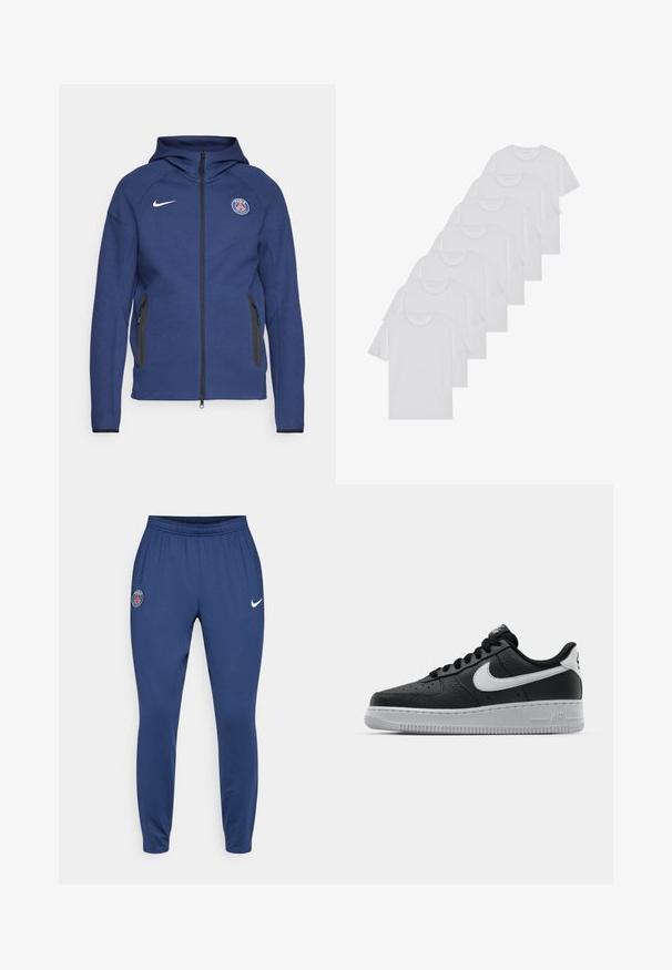 Jūras zila kapuce, kas izgatavota no mīkstas auduma, ar pilnu rāvējslēdzēju, sānu kabatām un logotipa uzšuvi. Tam ir strukturēts dizains ar kapuci.; Baltie kokvilnas T-krekli, īsas piedurknes, apaļas izgriezuma dizains, vienkārša tekstūra, sakrauti rindā, ar smalku zīmolu pie kakla izgriezuma.; Tumši zili sporta bikses no gludas auduma ar elastīgu jostasvietu, baltu Nike logotipu un Parīzes Saint-Germain emblēmu uz augšstilba.; Melna ādas sporta apavi ar teksturētu virsmu, balta Nike swoosh zīme, pelēks zole, apaļa pirksta daļa un saistējs dizains. Iekļautas perforācijas uz pirksta kastes.