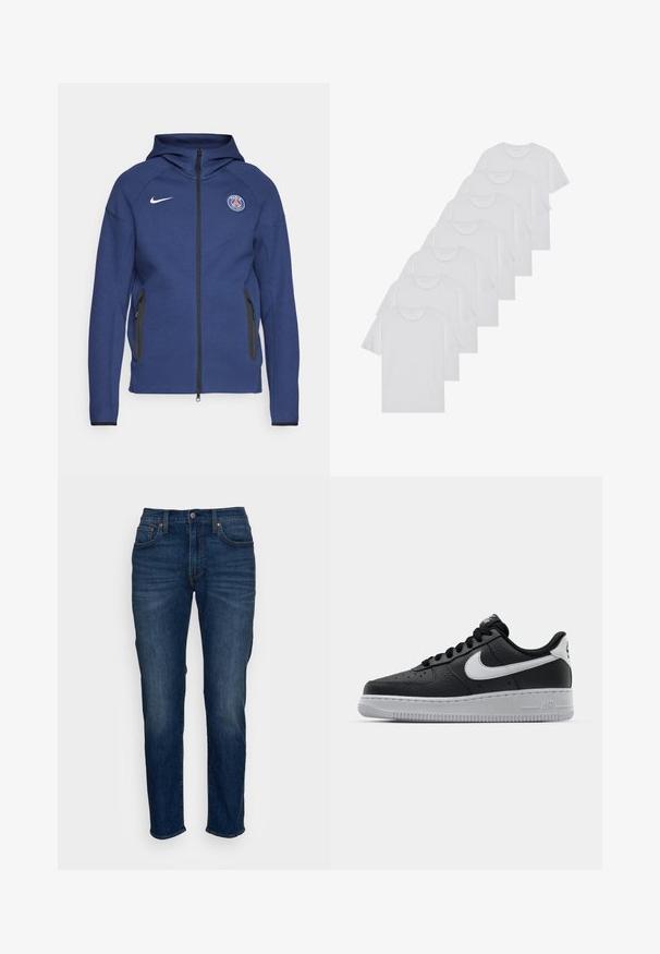 Sweatshirt azul marinho feito de tecido suave, apresentando um fecho completo, bolsos laterais e um patch com logotipo. Tem um design estruturado com capuz.; T-shirts brancos de algodão, mangas curtas, design de gola redonda, com textura lisa, empilhados em fila, com uma marcação subtil na gola.; Levi's® 502 TAPER - Calças de ganga de corte afunilado - everybody's cool; Sapatilha de pele preta com superfície texturizada, swoosh branco da Nike, sola cinza, bico redondo e design com atacadores. Apresenta perfurações na caixa dos dedos.