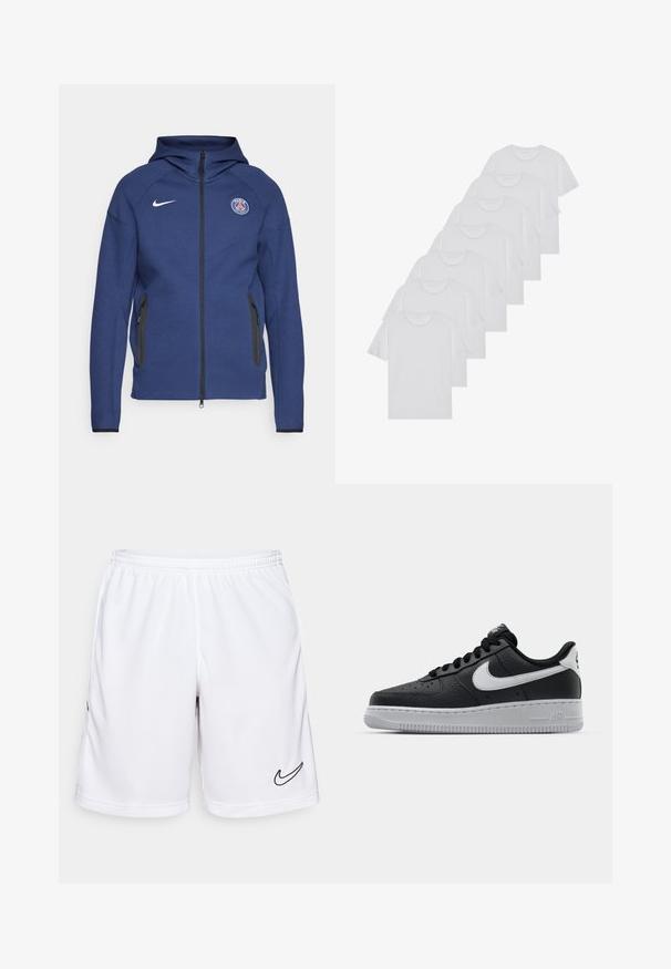 Mørkeblå hettegenser laget av mykt stoff med full glidelås, sidelommer og et logo-patch. Den har et strukturert design med hette.; Hvite bomulls T-skjorter, korte ermer, rund hals-design, enkel tekstur, stablet i en rekke, med subtil merking ved halsen.; Hvite treningsshorts laget av fukttransporterende stoff, med elastisk midjebånd og svart Nike-logo på venstre side.; Svart lær sneakers med teksturert overflate, hvit Nike swoosh, grå såle, rund tå og snøredesign. Har perforeringer på tåboksen.