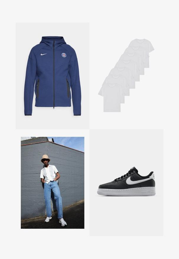 Jūras zila kapuce, kas izgatavota no mīkstas auduma, ar pilnu rāvējslēdzēju, sānu kabatām un logotipa uzšuvi. Tam ir strukturēts dizains ar kapuci.; Baltie kokvilnas T-krekli, īsas piedurknes, apaļas izgriezuma dizains, vienkārša tekstūra, sakrauti rindā, ar smalku zīmolu pie kakla izgriezuma.; Kreizs apakšējo pelēko svītru balto krekli ar īsām piedurknēm, zilu džinsu bikses un baltu sporta apavu fons ir pelēka siena zem skaidras zilās debess.; Melna ādas sporta apavi ar teksturētu virsmu, balta Nike swoosh zīme, pelēks zole, apaļa pirksta daļa un saistējs dizains. Iekļautas perforācijas uz pirksta kastes.