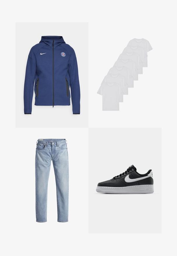 Merineel kapuutsiga pehme kangast dressipluus, millel on täielik tõmblukk, küljetaskud ja logopatch. Sellel on struktureeritud disain koos kapuutsiga.; Valge puuvillane T-särk, lühikeste varrukatega, ümar neel, ühtlane tekstuur, reastatud kuhjale, kaeluses peene brändinguga.; Heled sinised teksad otse jala disainiga, viie tasku ja nupuga kinnitusega. Omab pleekinud tekstuuri ja kontrastset õmblust.; Must musta sneaker tekstureeritud pinnaga, valge Nike logo, hall tald, ümar varv ja paeltega disain. Omab perforatsioone varbakasti peal.