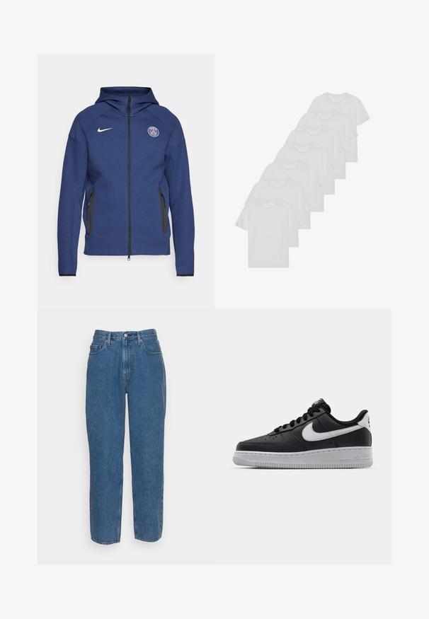 Sweatshirt azul marinho feito de tecido suave, apresentando um fecho completo, bolsos laterais e um patch com logotipo. Tem um design estruturado com capuz.; T-shirts brancos de algodão, mangas curtas, design de gola redonda, com textura lisa, empilhados em fila, com uma marcação subtil na gola.; Levi's® STAY BAGGY TAPER - Calças de ganga de corte relaxado - love games; Sapatilha de pele preta com superfície texturizada, swoosh branco da Nike, sola cinza, bico redondo e design com atacadores. Apresenta perfurações na caixa dos dedos.