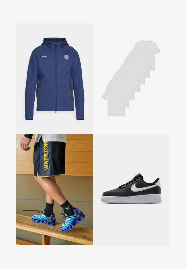 Tamsiai mėlyna džemperis su užtrauktuku, pagamintas iš minkštos medžiagos, su šoniniais kišeniais ir logotipo žyme. Jis turi struktūruotą dizainą su gobtuvu.; Baltos medvilninės marškinėliai, trumpomis rankovėmis, apvaliu kaklu, lygia tekstūra, sušluoti į eilę, su subtiliu prekės ženklu ant kaklo.; Nike Performance NBA GOLDEN STATE WARRIORS SHORTS - Sporto klubų atributika - black/amarillo; Juoda odinė sportinė avalynė su tekstūruota danga, balta Nike swoosh, pilkas padas, apvalus nosis ir raištelių užsegimas. Yra perforacijos ant nosies.