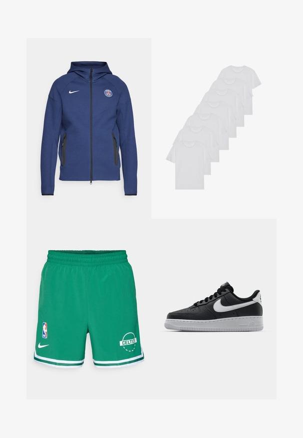 Sudadera con capucha de color azul marino hecha de tela suave, con cierre completo, bolsillos laterales y un parche con logo. Tiene un diseño estructurado con capucha.; Camisetas de algodón blancas, de manga corta, con diseño de cuello redondo, textura lisa, apiladas en una fila, con un sutil logo en el cuello.; Pantalones cortos de baloncesto verdes hechos de tela ligera. Presentan una cinturilla elástica, rayas blancas en el dobladillo, el logo de la NBA y un gráfico de "CELTICS".; Zapatilla negra de cuero con superficie texturizada, logo de Nike en blanco, suela gris, puntera redonda y diseño de encaje. Presenta perforaciones en la puntera.