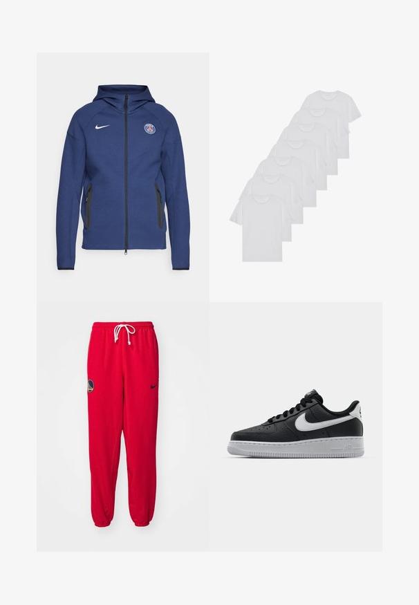 Navy blue hoodie made of soft fabric featuring a full zipper, side pockets, and a logo patch. It has a structured design with a hood.; White cotton T-shirts, short sleeves, crew neck design, plain texture, stacked in a row, with subtle branding at the neckline.; Red sweatpants made of soft material, featuring an elastic waistband with drawstring, side pockets, and embroidered logo accents.; Black leather sneaker with textured surface, white Nike swoosh, gray sole, round toe, and lace-up design. Features perforations on toe box.