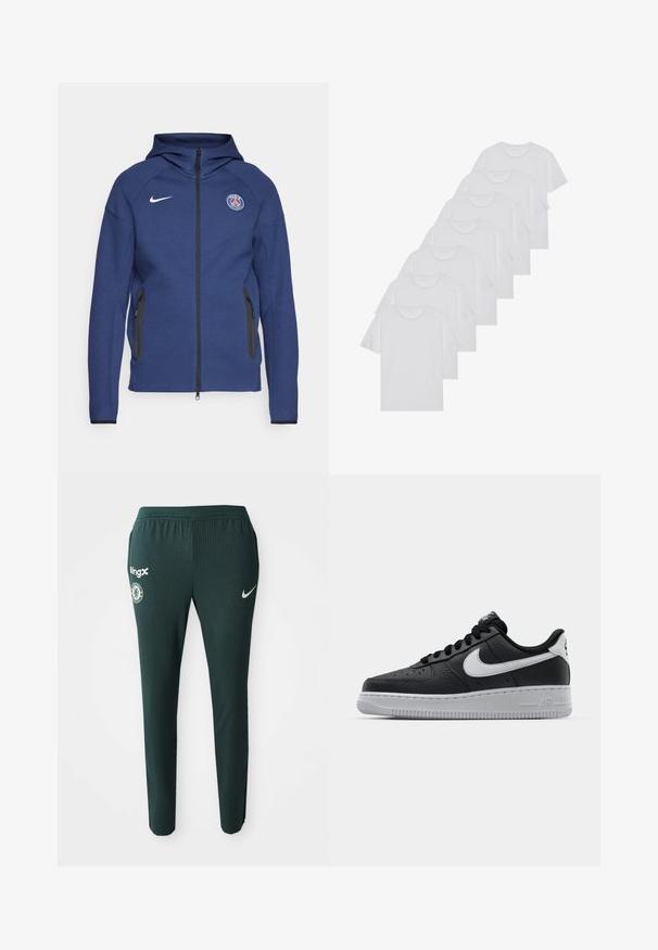 Tummansininen huppari, joka on valmistettu pehmeästä kankaasta ja jossa on täysipitkä vetoketju, sivutaskut ja logopatch. Siinä on rakenteellinen muotoilu huppua varten.; Valkoiset puuvillapaidat, lyhyet hihat, pyöreä kaula-aukko, yksinkertainen pinta, pinottuina riviin, jossa on hienoinen brändäys kaula-aukossa.; Vihreät urheiluhousut, jotka on valmistettu ribbangista kankaasta. Niissä on Nike-logo, Chelsea FC:n vaakuna ja BingX-brändi vasemmalla puolella.; Musta nahkakengät, joissa on teksturoitu pinta, valkoinen Nike -logo, harmaa pohja, pyöreä kärki ja nauhakiinnitys. Varustettu rei'illä kärkilaatikossa.