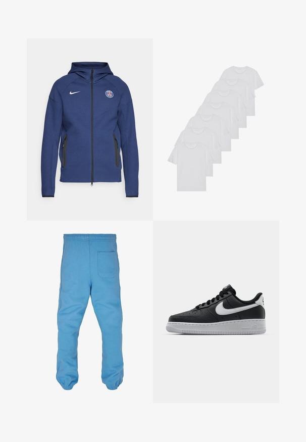 Mørkeblå hettegenser laget av mykt stoff med full glidelås, sidelommer og et logo-patch. Den har et strukturert design med hette.; Hvite bomulls T-skjorter, korte ermer, rund hals-design, enkel tekstur, stablet i en rekke, med subtil merking ved halsen.; Lyseblå joggebukser laget av myk bomull. Har elastisk midje, innsvingte benavslutninger og en baklomme.; Svart lær sneakers med teksturert overflate, hvit Nike swoosh, grå såle, rund tå og snøredesign. Har perforeringer på tåboksen.