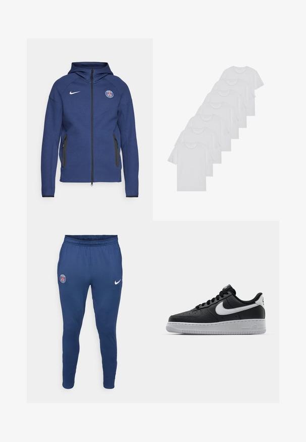 Marineblå hættetrøje lavet af blødt stof, der har fuld lynlås, sidelommer og et logo-patch. Den har et struktureret design med hætte.; Hvide bomulds T-shirts, korte ærmer, rund halsdesign, ensartet tekstur, stablet i en række, med diskret branding ved halsåbningen.; Marineblå træningsbukser med elastisk talje, tætsiddende ben, Nike-logo i hvid og et Paris Saint-Germain-logo på den øverste venstre lår.; Sort lædersneaker med tekstureret overflade, hvid Nike swoosh, grå sål, rund tå og snørebåndsdesign. Har perforeringer på tåboksen.