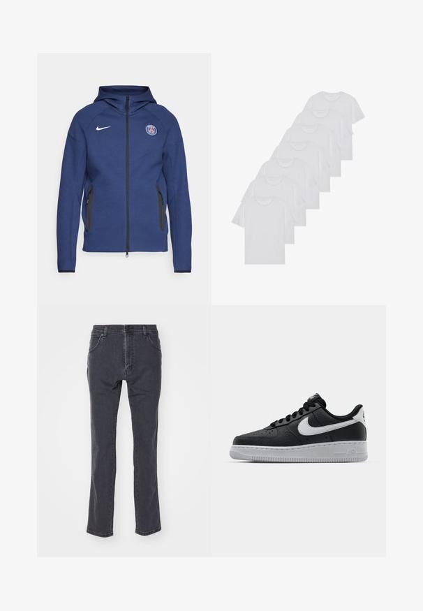 Tamno plava dukserica od mekanog materijala s punim patentnim zatvaračem, bočnim džepovima i oznakom logotipa. Ima strukturirani dizajn s kapuljačom.; Bijele pamučne majice, kratki rukavi, dizajn s okruglim izrezom, jednostavne teksture, složene u red, s suptilnim brendiranjem na izrezu.; Tamno sivi traperice, ravnog kroja, s pet džepova i klasičnim dugmadi na struku.; Crne kožne tenisice s teksturiranom površinom, bijeli Nike znak, sivi potplat, okrugli vrh i vezanje. Sadrže perforacije na području prstiju.