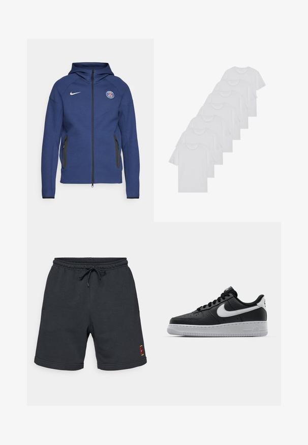 Sweatshirt azul marinho feito de tecido suave, apresentando um fecho completo, bolsos laterais e um patch com logotipo. Tem um design estruturado com capuz.; T-shirts brancos de algodão, mangas curtas, design de gola redonda, com textura lisa, empilhados em fila, com uma marcação subtil na gola.; Calções de treino cinza-escuro feitos de uma mistura de algodão, com um cós elástico com cordão e um pequeno logótipo colorido na bainha inferior.; Sapatilha de pele preta com superfície texturizada, swoosh branco da Nike, sola cinza, bico redondo e design com atacadores. Apresenta perfurações na caixa dos dedos.