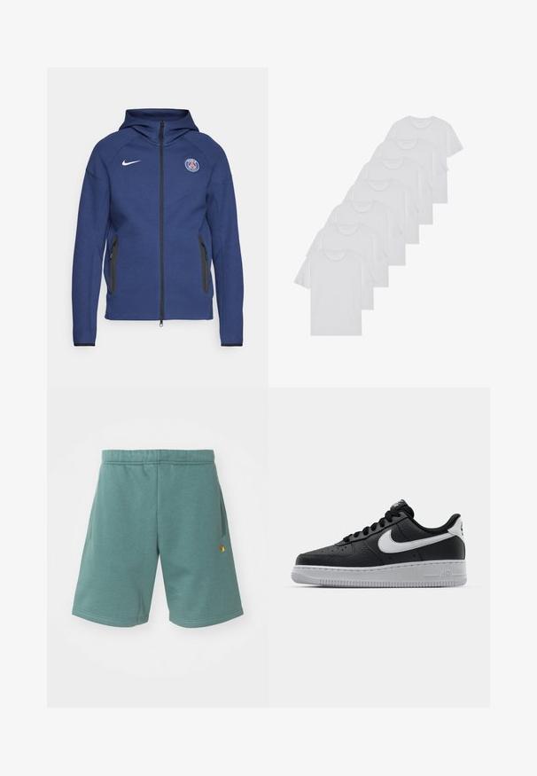 Marineblaue Kapuzenjacke aus weichem Stoff mit durchgehendem Reißverschluss, Seitentaschen und einem Logo-Patch. Sie hat ein strukturiertes Design mit einer Kapuze.; Weiße Baumwoll-T-Shirts, kurze Ärmel, Rundhals-Design, schlichte Textur, in einer Reihe gestapelt, mit dezentem Branding am Hals.; Kurze Hosen aus Baumwollmischung in Teal mit einem elastischen Bund, Seitentaschen und einem kleinen goldenen Logo-Akzent am Unterschenkel.; Schwarze Ledersneaker mit strukturierten Oberflächen, weißem Nike-Swoosh, grauer Sohle, runder Zehenpartie und Schnürdesign. Verfügt über Perforationen an der Zehenbox.