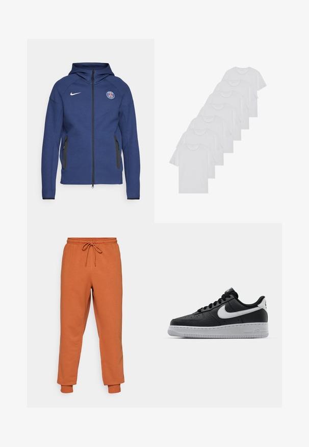 Jūras zila kapuce, kas izgatavota no mīkstas auduma, ar pilnu rāvējslēdzēju, sānu kabatām un logotipa uzšuvi. Tam ir strukturēts dizains ar kapuci.; Baltie kokvilnas T-krekli, īsas piedurknes, apaļas izgriezuma dizains, vienkārša tekstūra, sakrauti rindā, ar smalku zīmolu pie kakla izgriezuma.; Oranžas sporta bikses ar elastīgu jostasvietu un regulējamu auklu. Cimdi potītēs. Izgatavotas no mīksta auduma ar gludu tekstūru.; Melna ādas sporta apavi ar teksturētu virsmu, balta Nike swoosh zīme, pelēks zole, apaļa pirksta daļa un saistējs dizains. Iekļautas perforācijas uz pirksta kastes.