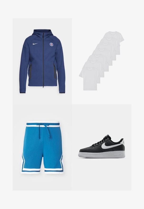 Sweatshirt azul marinho feito de tecido suave, apresentando um fecho completo, bolsos laterais e um patch com logotipo. Tem um design estruturado com capuz.; T-shirts brancos de algodão, mangas curtas, design de gola redonda, com textura lisa, empilhados em fila, com uma marcação subtil na gola.; Jordan DIAMOND SHORT - Calções desportivos - blue/white; Sapatilha de pele preta com superfície texturizada, swoosh branco da Nike, sola cinza, bico redondo e design com atacadores. Apresenta perfurações na caixa dos dedos.