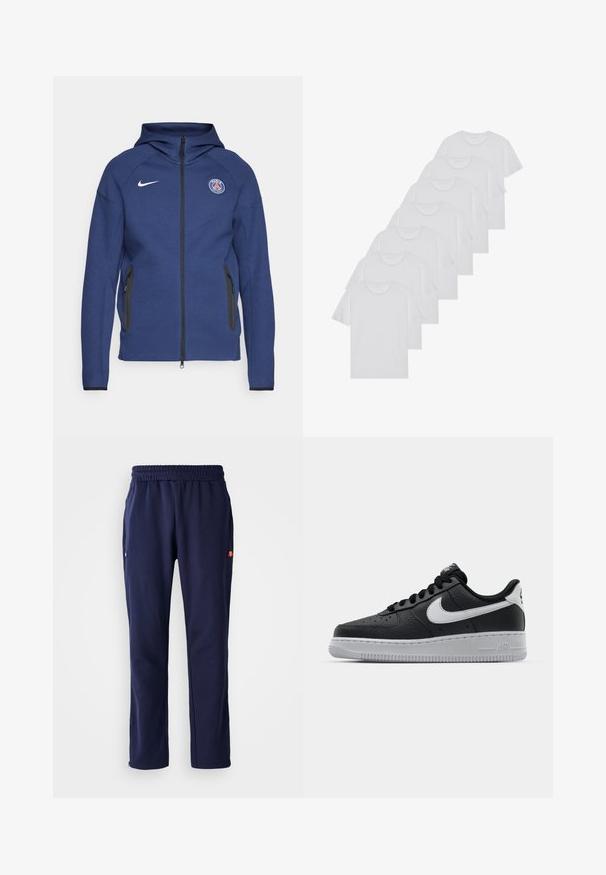 Tamno plava dukserica od mekanog materijala s punim patentnim zatvaračem, bočnim džepovima i oznakom logotipa. Ima strukturirani dizajn s kapuljačom.; Bijele pamučne majice, kratki rukavi, dizajn s okruglim izrezom, jednostavne teksture, složene u red, s suptilnim brendiranjem na izrezu.; Mornarske trenirke s elastičnim pojasom, bočnim džepovima i malim logotipom na lijevom džepu. Izrađene su od mekog, glatkog materijala.; Crne kožne tenisice s teksturiranom površinom, bijeli Nike znak, sivi potplat, okrugli vrh i vezanje. Sadrže perforacije na području prstiju.