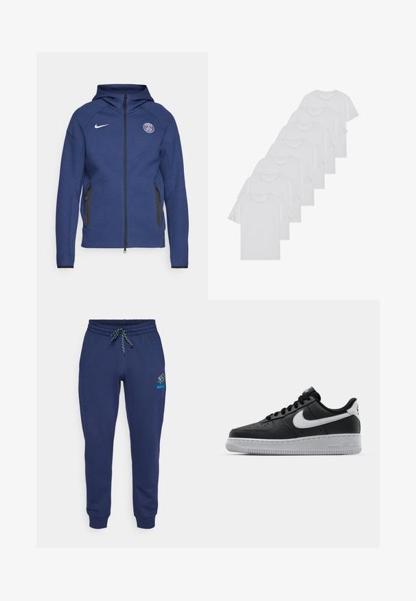 Navy blue hoodie made of soft fabric featuring a full zipper, side pockets, and a logo patch. It has a structured design with a hood.; White cotton T-shirts, short sleeves, crew neck design, plain texture, stacked in a row, with subtle branding at the neckline.; Navy blue sweatpants made of soft cotton blend, featuring an elastic waistband with drawstring and ribbed cuffs. Lotto logo on left side.; Black leather sneaker with textured surface, white Nike swoosh, gray sole, round toe, and lace-up design. Features perforations on toe box.