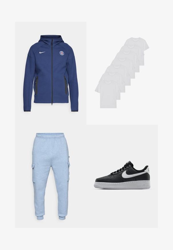 Tummansininen huppari, joka on valmistettu pehmeästä kankaasta ja jossa on täysipitkä vetoketju, sivutaskut ja logopatch. Siinä on rakenteellinen muotoilu huppua varten.; Valkoiset puuvillapaidat, lyhyet hihat, pyöreä kaula-aukko, yksinkertainen pinta, pinottuina riviin, jossa on hienoinen brändäys kaula-aukossa.; Vaaleansiniset fleece cargo-housut, joissa on joustava vyötärö, sivuläpätaskut ja käännetyt nilkat valkoisella taustalla.; Musta nahkakengät, joissa on teksturoitu pinta, valkoinen Nike -logo, harmaa pohja, pyöreä kärki ja nauhakiinnitys. Varustettu rei'illä kärkilaatikossa.