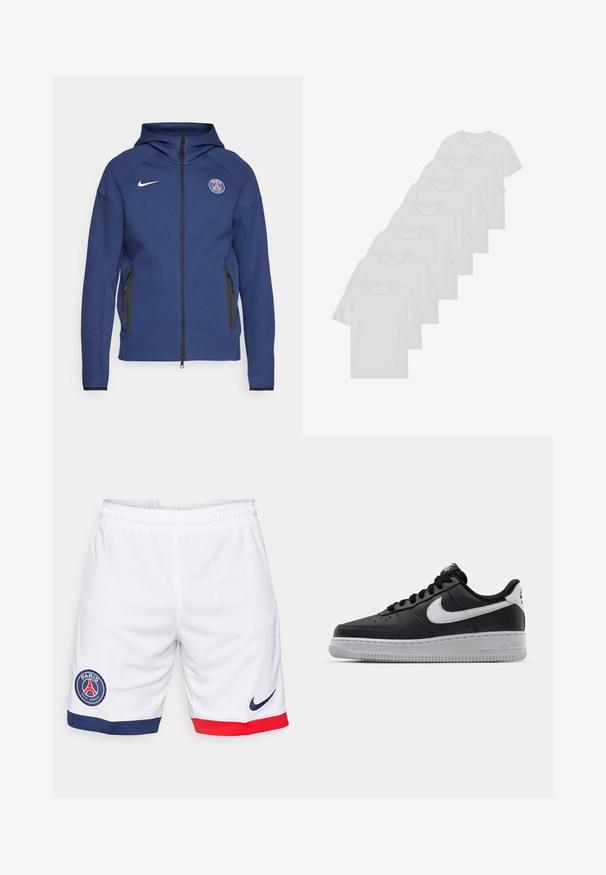 Námořnický modrý mikina s kapucí z měkké tkaniny, která má plný zip, boční kapsy a logo nášivku. Má strukturovaný design s kapucí.; Biele bavlnené trička, krátke rukávy, dizajn s okrúhlym výstrihom, hladká textúra, naskladané v rade, so subtilným brandingom na výstrihu.; Biele športové šortky vyrobené z ľahkého materiálu, s modrým a červeným lemovaním na okraji a okrúhlym logom Paris Saint-Germain. Logo Nike v námorníckej farbe.; Čierne kožené tenisky s textúrovaným povrchom, biely Nike swoosh, šedá podrážka, okrúle špičky a šnurovací dizajn. Obsahuje perforácie na špičke.