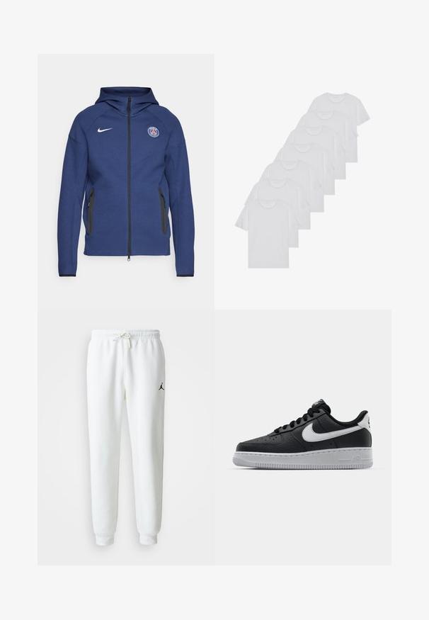 Marineblaue Kapuzenjacke aus weichem Stoff mit durchgehendem Reißverschluss, Seitentaschen und einem Logo-Patch. Sie hat ein strukturiertes Design mit einer Kapuze.; Weiße Baumwoll-T-Shirts, kurze Ärmel, Rundhals-Design, schlichte Textur, in einer Reihe gestapelt, mit dezentem Branding am Hals.; Weiße Jogginghose aus einem weichen Baumwollmix, mit einem elastischen Bund und Kordelzug sowie einem kleinen schwarzen Logo am linken Oberschenkel.; Schwarze Ledersneaker mit strukturierten Oberflächen, weißem Nike-Swoosh, grauer Sohle, runder Zehenpartie und Schnürdesign. Verfügt über Perforationen an der Zehenbox.