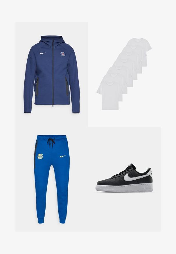 Navy blue hoodie made of soft fabric featuring a full zipper, side pockets, and a logo patch. It has a structured design with a hood.; White cotton T-shirts, short sleeves, crew neck design, plain texture, stacked in a row, with subtle branding at the neckline.; Blue cotton joggers featuring a black zippered pocket, FC Barcelona logo, and Nike swoosh in yellow. Fitted cuffs at the ankles.; Black leather sneaker with textured surface, white Nike swoosh, gray sole, round toe, and lace-up design. Features perforations on toe box.