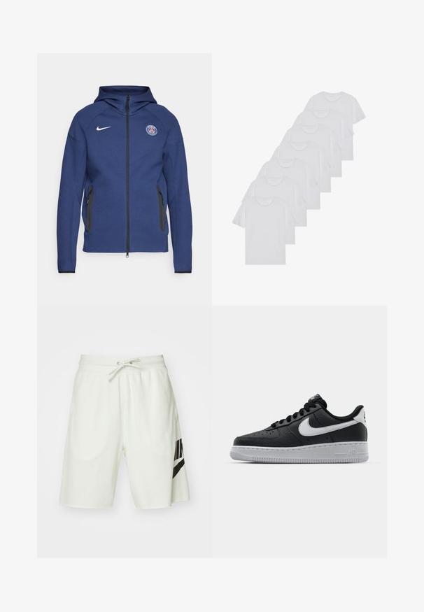 Sötétkék kapucnis pulóver puha anyagból, teljes cipzárral, oldalsó zsebekkel és logós folttal. Szerkezete formálisan kialakított, kapucnival rendelkezik.; Fehér pamut pólók, rövid ujjúak, kerek nyak kialakítással, sima textúrával, sorba rakva, diszkrét logóval a nyaknál.; Világosszürke pamut rövidnadrág, elasztikus derékpánttal, állítható húzózsinórral és fekete Nike logóval a bal oldalon.; Fekete bőr edzőcipő mintás felülettel, fehér Nike logóval, szürke talppal, kerek orral és fűzős dizájnnal. Az orr részen perforációk találhatóak.