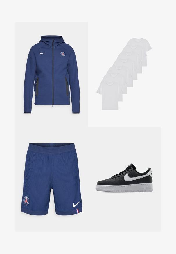Jūras zila kapuce, kas izgatavota no mīkstas auduma, ar pilnu rāvējslēdzēju, sānu kabatām un logotipa uzšuvi. Tam ir strukturēts dizains ar kapuci.; Baltie kokvilnas T-krekli, īsas piedurknes, apaļas izgriezuma dizains, vienkārša tekstūra, sakrauti rindā, ar smalku zīmolu pie kakla izgriezuma.; Tums zila sporta bikses no teksturēta auduma, ar Nike logo, Parīzes emblēmu un sarkano-zilo-balto akcentu uz apakšmalas.; Melna ādas sporta apavi ar teksturētu virsmu, balta Nike swoosh zīme, pelēks zole, apaļa pirksta daļa un saistējs dizains. Iekļautas perforācijas uz pirksta kastes.