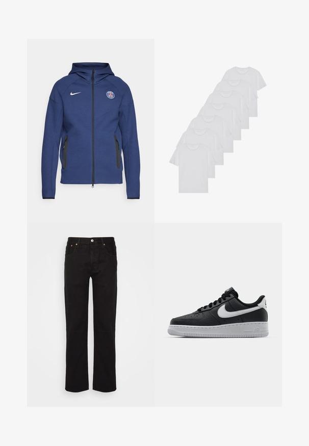 Merineel kapuutsiga pehme kangast dressipluus, millel on täielik tõmblukk, küljetaskud ja logopatch. Sellel on struktureeritud disain koos kapuutsiga.; Valge puuvillane T-särk, lühikeste varrukatega, ümar neel, ühtlane tekstuur, reastatud kuhjale, kaeluses peene brändinguga.; Mustad sirged teksad, mis on valmistatud puuvillast. Omab viit taskut, metallist nööpi ning oranže õmbluseid ees.; Must musta sneaker tekstureeritud pinnaga, valge Nike logo, hall tald, ümar varv ja paeltega disain. Omab perforatsioone varbakasti peal.