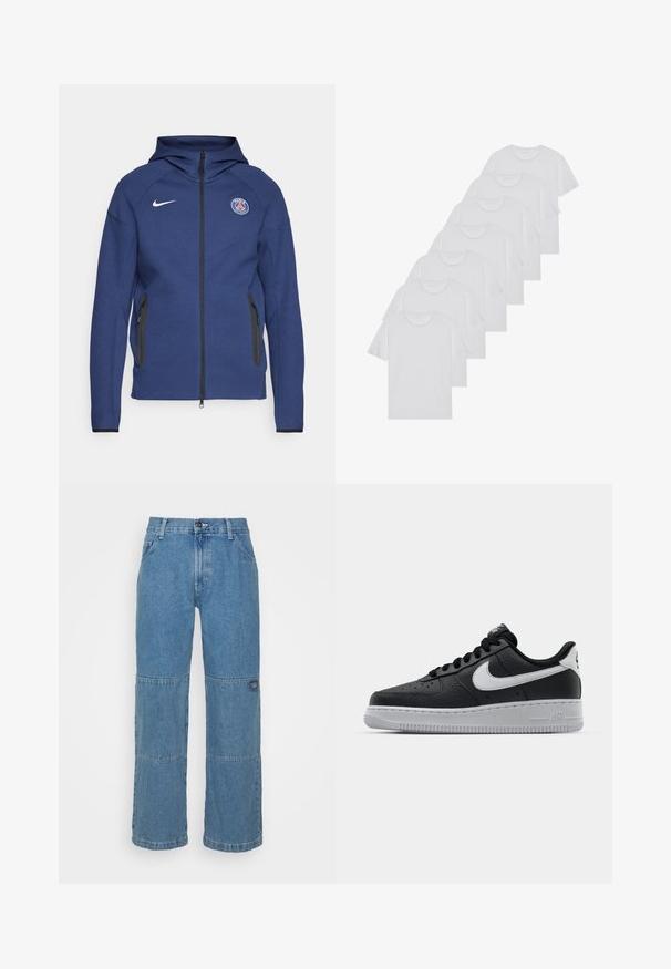 Mornarsko modra kapuca iz mehkega materiala z dolgim zadrgo, stranskimi žepi in logotipom. Ima strukturirano zasnovo s kapuco.; Beli bombažni T-majici, kratki rokavi, krožni izrez, enostavna tekstura, zloženi v vrsto, s subtilnim logotipom na vratu.; Svetlo modri jeans z sproščenim krojem, ki vključujejo aplikacije iz različnih materialov, zapiranje z zgornjim gumbom, pet žepov in diskretno blagovno znamko na nogi.; Črne usnjene teniske z teksturirano površino, bele Nikejeve zmage, sivo podplato, okroglo konico in vezalno zasnovo. Imajo perforacije na prednjem delu.