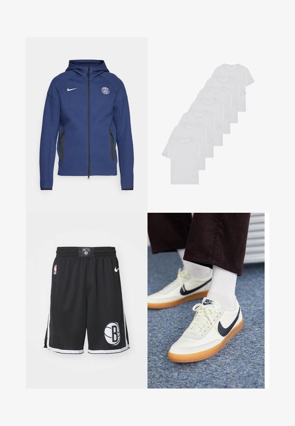 Sudadera con capucha de color azul marino hecha de tela suave, con cierre completo, bolsillos laterales y un parche con logo. Tiene un diseño estructurado con capucha.; Camisetas de algodón blancas, de manga corta, con diseño de cuello redondo, textura lisa, apiladas en una fila, con un sutil logo en el cuello.; Pantalones cortos de baloncesto negros con textura de malla, que presentan un logotipo blanco y negro, y un ribete blanco en contraste a lo largo de los lados y el dobladillo.; Zapatillas Nike de cuero blanco con un swoosh azul marino, con suela de goma y cordones blancos, combinadas con calcetines blancos y pantalones de pana oscuros.