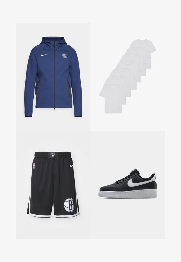Sweatshirt azul marinho feito de tecido suave, apresentando um fecho completo, bolsos laterais e um patch com logotipo. Tem um design estruturado com capuz.; T-shirts brancos de algodão, mangas curtas, design de gola redonda, com textura lisa, empilhados em fila, com uma marcação subtil na gola.; Calções de basquetebol pretos com uma textura de malha, apresentando um logótipo em preto e branco, e um acabamento branco contrastante ao longo dos lados e da bainha.; Sapatilha de pele preta com superfície texturizada, swoosh branco da Nike, sola cinza, bico redondo e design com atacadores. Apresenta perfurações na caixa dos dedos.