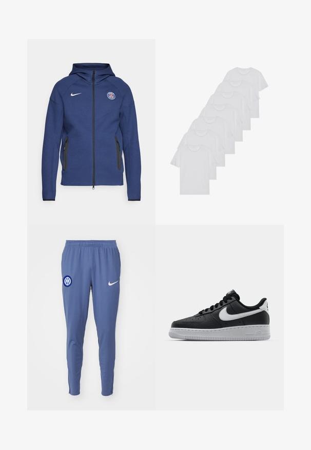 Marineblaue Kapuzenjacke aus weichem Stoff mit durchgehendem Reißverschluss, Seitentaschen und einem Logo-Patch. Sie hat ein strukturiertes Design mit einer Kapuze.; Weiße Baumwoll-T-Shirts, kurze Ärmel, Rundhals-Design, schlichte Textur, in einer Reihe gestapelt, mit dezentem Branding am Hals.; Nike Performance INTER NIKE DF STRIKE PANTS - Jogginghose - diffused blue/lyon blue/sanddrift; Schwarze Ledersneaker mit strukturierten Oberflächen, weißem Nike-Swoosh, grauer Sohle, runder Zehenpartie und Schnürdesign. Verfügt über Perforationen an der Zehenbox.