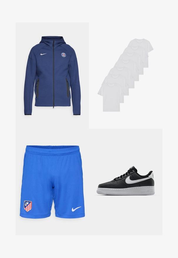 Marinblå hoodie gjord av mjukt tyg med en hel dragkedja, sidofickor och en logotyp patch. Den har en strukturerad design med en huva.; Vita bomull T-shirts, korta ärmar, rundad halsdesign, slät textur, staplade i en rad, med subtil branding vid halsringningen.; Blå atletiska shorts med resårmidja, med en laglogotyp på vänster sida och en vit Nike-swoosh på högra sidan.; Svart lädersneaker med strukturerad yta, vit Nike-swoosh, grå sula, rund tå och snörningsdesign. Har perforeringar på tåboxen.
