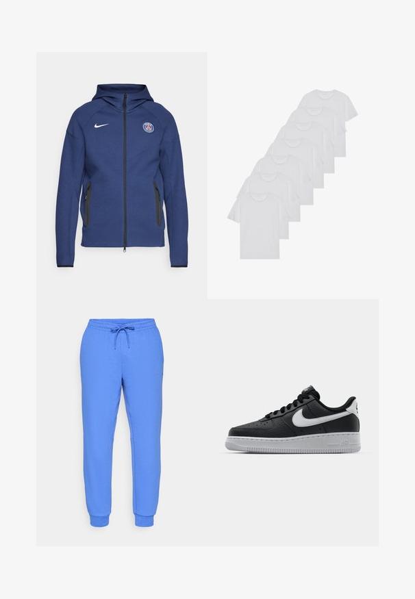 Marineblaue Kapuzenjacke aus weichem Stoff mit durchgehendem Reißverschluss, Seitentaschen und einem Logo-Patch. Sie hat ein strukturiertes Design mit einer Kapuze.; Weiße Baumwoll-T-Shirts, kurze Ärmel, Rundhals-Design, schlichte Textur, in einer Reihe gestapelt, mit dezentem Branding am Hals.; Blaue Sweatpants aus einem glatten Stoff mit einem elastischen Bund, verstellbarem Kordelzug, Seitentaschen und gerippten Knöchelabschlüssen.; Schwarze Ledersneaker mit strukturierten Oberflächen, weißem Nike-Swoosh, grauer Sohle, runder Zehenpartie und Schnürdesign. Verfügt über Perforationen an der Zehenbox.