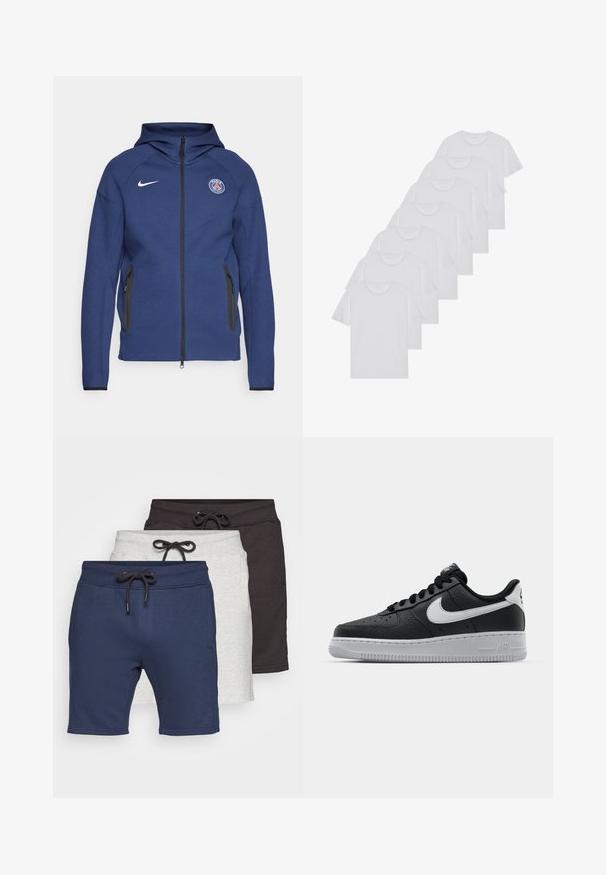 Mørkeblå hettegenser laget av mykt stoff med full glidelås, sidelommer og et logo-patch. Den har et strukturert design med hette.; Hvite bomulls T-skjorter, korte ermer, rund hals-design, enkel tekstur, stablet i en rekke, med subtil merking ved halsen.; Sett med tre par shorts: marineblå, lys grå og mørk grå. Laget av mykt stoff med elastiske midjebånd og snorer.; Svart lær sneakers med teksturert overflate, hvit Nike swoosh, grå såle, rund tå og snøredesign. Har perforeringer på tåboksen.