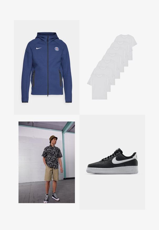 Marineblaue Kapuzenjacke aus weichem Stoff mit durchgehendem Reißverschluss, Seitentaschen und einem Logo-Patch. Sie hat ein strukturiertes Design mit einer Kapuze.; Weiße Baumwoll-T-Shirts, kurze Ärmel, Rundhals-Design, schlichte Textur, in einer Reihe gestapelt, mit dezentem Branding am Hals.; Schwarz-weißes Kurzarmhemd mit Logo-Muster, khakifarbene Shorts und schwarze High-Top-Sneaker. Beigefarbener Bucket Hat und Cords sichtbar.; Schwarze Ledersneaker mit strukturierten Oberflächen, weißem Nike-Swoosh, grauer Sohle, runder Zehenpartie und Schnürdesign. Verfügt über Perforationen an der Zehenbox.